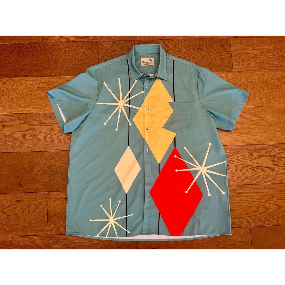 Royaura Atomic Mid Century Modern Shirt XL Teal Starburst MCM Retro Rockabilly